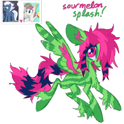 Size: 1500x1500 | Tagged: safe, artist:peaceandlove26, artist:twinklewish, derpibooru import, blossomforth, derpy hooves, double diamond, night glider, party favor, sunshower raindrops, oc, oc only, oc:sourmelon splash, pegasus, pony, g4, 2021, big ears, big eyes, blank flank, chest fluff, coat markings, colored ear fluff, colored pinnae, coontails, crack ship offspring, crack shipping, ears, eye clipping through hair, eye markings, facial markings, green coat, leg stripes, long mane, long tail, looking back, magical lesbian spawn, offspring, old art, parent:blossomforth, parent:night glider, pegasus oc, pink eyes, pink mane, pink tail, profile, scene, scene hair, screencap background, shipping, siling, simple background, socks (coat marking), solo, spread wings, striped, stripes, tail, thick eyelashes, three toned mane, three toned tail, three toned wings, transparent background, unshorn fetlocks, wing stripes, wings