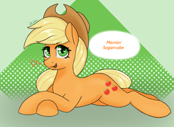 Size: 2028x1484 | Tagged: safe, artist:marbatra, derpibooru import, applejack, earth pony, pony, butt freckles, female, freckles, good morning, hat, heart, looking at you, lying down, mare, open mouth, open smile, patterned background, prone, simple background, smiling, smiling at you, solo, speech bubble, talking to viewer, three quarter view