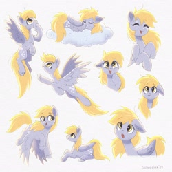 Size: 2048x2048 | Tagged: safe, artist:scheadar, derpibooru import, derpy hooves, pegasus, pony, g4, cloud, eye clipping through hair, eyebrows, eyebrows visible through hair, female, flying, lying down, mare, on a cloud, open mouth, open smile, prone, simple background, sleeping, smiling, solo, white background