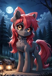 Size: 800x1169 | Tagged: safe, ai content, derpibooru import, generator:pony diffusion v6 xl, generator:stable diffusion, machine learning generated, apple bloom, earth pony, pony, undead, zombie, zombie pony, g4, apple bloom's bow, black sclera, blanked apple bloom, bow, chest fluff, collar, eye scar, facial scar, female, forest, full moon, hair bow, lantern, mare, moon, nature, night, outdoors, prompter:gregorymars, scar, solo, spiked collar, story of the blanks, tree