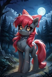 Size: 800x1169 | Tagged: safe, ai content, derpibooru import, generator:pony diffusion v6 xl, generator:stable diffusion, machine learning generated, apple bloom, earth pony, pony, undead, zombie, zombie pony, g4, apple bloom's bow, black sclera, blanked apple bloom, bow, chest fluff, collar, eye scar, facial scar, female, forest, full moon, hair bow, mare, moon, nature, night, outdoors, prompter:gregorymars, scar, solo, spiked collar, story of the blanks, tree