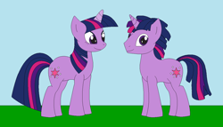 Size: 1246x713 | Tagged: safe, artist:marybethemberjoy49-1, derpibooru import, dusk shine, twilight sparkle, unicorn twilight, pony, unicorn, g4, duo, female, horn, male, outdoors, r63 paradox, rule 63