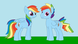 Size: 1246x713 | Tagged: safe, artist:marybethemberjoy49-1, derpibooru import, rainbow blitz, rainbow dash, pegasus, pony, duo, female, male, outdoors, r63 paradox, rule 63