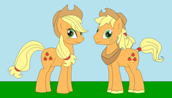 Size: 1246x713 | Tagged: safe, artist:marybethemberjoy49-1, derpibooru import, applejack, applejack (male), earth pony, pony, g4, applejack's hat, clothes, cowboy hat, duo, female, hat, male, outdoors, r63 paradox, rule 63