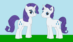 Size: 1246x713 | Tagged: safe, artist:marybethemberjoy49-1, derpibooru import, elusive, rarity, pony, unicorn, g4, duo, female, horn, male, outdoors, r63 paradox, rule 63