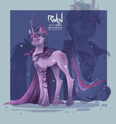 Size: 1000x1067 | Tagged: safe, artist:rivenhowl, derpibooru import, twilight sparkle, unicorn twilight, pony, unicorn, g4, alternate design, cape, cheek fluff, clothes, cloven hooves, curved horn, ear piercing, earring, female, glasses, hock fluff, horn, jewelry, long horn, mare, passepartout, piercing, round glasses, signature, solo, unshorn fetlocks, zoom layer