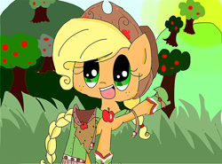 Size: 1280x948 | Tagged: safe, artist:derpy-pie, derpibooru import, applejack, earth pony, pony, g4, apple, apple tree, applejack's hat, clothes, cowboy hat, dress, female, food, gala dress, hat, mare, solo, sun, tree