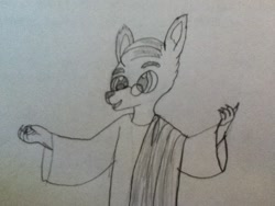 Size: 960x720 | Tagged: safe, artist:lunashy21, derpibooru import, oc, oc only, oc:dr. wolf, wolf, arms out, glasses, jesus christ, male, male oc, monochrome, mormon, pallium, simple background, solo, traditional art, tunic, white background, wolf oc