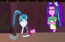 Size: 845x544 | Tagged: safe, artist:the spectres, derpibooru exclusive, derpibooru import, aria blaze, sonata dusk, human, equestria girls, g4, crossed arms, disguise, disguised siren, duo, duo female, female, jewelry, leaning, leaning on table, looking at each other, looking at someone, pendant, rainbow rocks 10th anniversary, smiling, smiling at each other, table, taco tuesday, toaster