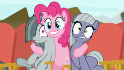 Size: 1920x1080 | Tagged: safe, derpibooru import, screencap, limestone pie, marble pie, pinkie pie, earth pony, pony, g4, rock solid friendship, season 7, bipedal, discovery family, discovery family logo, hind legs, hug, logo