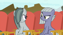 Size: 1920x1080 | Tagged: safe, derpibooru import, screencap, cloudy quartz, limestone pie, marble pie, earth pony, pony, g4, rock solid friendship, season 7, female, looking at each other, mare, offscreen character, tail