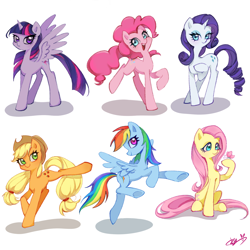 Size: 1680x1680 | Tagged: safe, artist:yuxiangmuer, derpibooru import, applejack, fluttershy, pinkie pie, rainbow dash, rarity, twilight sparkle, twilight sparkle (alicorn), alicorn, earth pony, pegasus, pony, unicorn, g4, concave belly, female, horn, mane six, mare, simple background, slender, thin, white background