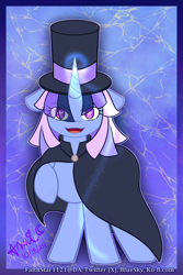 Size: 1728x2592 | Tagged: safe, artist:faithstar1121, derpibooru import, oc, oc only, oc:flawless sparklemoon, pony, unicorn, cape, clothes, female, fusion, fusion:trixie, fusion:twilight sparkle, fusion:twixie, hat, horn, magic, mare, my little pony the movie: the death of twilight sparkle, smiling, solo, starry eyes, top hat, wingding eyes