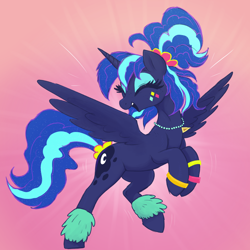 Size: 2400x2400 | Tagged: safe, artist:t72b, derpibooru import, princess luna, alicorn, pony, g4, 80s, 80s princess luna, alternate hairstyle, bracelet, cute, dancing, ethereal mane, eyes closed, eyeshadow, female, freckles, gradient background, happy, high res, jewelry, lunabetes, makeup, mare, necklace, open mouth, open smile, ponytail, raised leg, smiling, solo, spread wings, standing, standing on one leg, starry mane, tail, tail wrap, wings