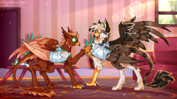 Size: 2810x1573 | Tagged: safe, artist:greenmaneheart, derpibooru import, oc, oc only, oc:ospreay, oc:pavlos, griffon, bandage, beak, broken bone, broken wing, cast, cheek fluff, claws, clothes, colored wings, commission, duo, eared griffon, griffon oc, indoors, injured, male, non-pony oc, nonbinary, sling, sofa, tail, wings