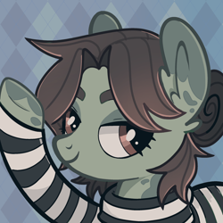 Size: 2048x2048 | Tagged: safe, artist:1mangosta1, derpibooru import, oc, oc only, oc:ponysona, earth pony, pony, g4, base used, brown eyes, brown mane, clothed ponies, clothes, eyebrows, female, green pony, icon, looking at you, patterned background, ponysona, raised hoof, raised leg, side eye, smiling, smiling at you, solo