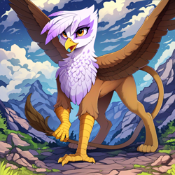 Size: 1408x1408 | Tagged: safe, ai content, derpibooru import, machine learning generated, gilda, griffon, g4, anonymous prompter, beak, cloud, mountain, open beak, open mouth, outdoors, raised leg, solo, spread wings, wings