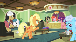 Size: 1280x720 | Tagged: safe, derpibooru import, screencap, applejack, filthy rich, peachy plume, pokey oaks, screw loose, spoiled rich, earth pony, pegasus, pony, g4, where the apple lies, caligula (g4), crutches, female, filly, filly applejack, foal, hatless, hospital, indoors, mare, missing accessory, photo, ponyville hospital, spoiled milk, teenage applejack, teenager, waving, younger