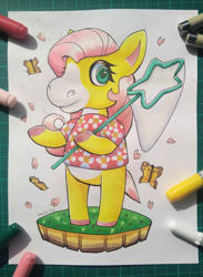 Size: 2845x3878 | Tagged: safe, artist:partypievt, derpibooru import, fluttershy, anthro, butterfly, insect, pony, g4, animal crossing, bug net, cherry blossoms, crossover, cute, female, flower, flower blossom, mare, net, shyabetes, solo, style emulation, traditional art