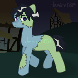 Size: 4000x4000 | Tagged: safe, artist:desire0884, derpibooru import, oc, oc only, earth pony, pony, undead, zombie, zombie pony, commission open, dark background, male, multicolored eyes, multicolored skin, night, nightmare night, outdoors, pony oc, ponyville background, selling, solo, stallion, stallion oc, unnamed oc, walking