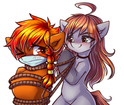 Size: 4164x3508 | Tagged: safe, alternate version, artist:chaosangeldesu, derpibooru import, oc, oc only, oc:flaming hoof, earth pony, pegasus, pony, bondage, commission, duo, gag, one eye closed, over the nose gag, rope, rope bondage, simple background, sketch, transparent background