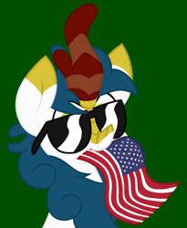 Size: 1035x1260 | Tagged: safe, artist:derpyalex2, derpibooru import, oc, oc only, oc:winter solace, kirin, american flag, glasses, green background, kirin oc, simple background, solo