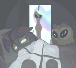 Size: 1200x1087 | Tagged: safe, alternate version, artist:shrimpshogun, derpibooru import, owlowiscious, princess celestia, twilight sparkle, alicorn, alien, alien pony, bird, owl, pony, unicorn, g4, abduction, alien abduction, bedroom, bedside, door, doorway, fear, female, gray, grey alien, halloween, holiday, horn, mare, mlp fim's fourteenth anniversary, night, scared, scary, shadow, terrified, terror, ufo