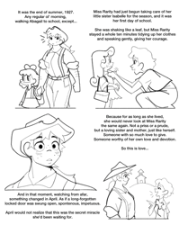 Size: 1328x1588 | Tagged: safe, artist:bixels, derpibooru import, apple bloom, applejack, rarity, sweetie belle, human, g4, alternate name, black and white, comic, cute, female, grayscale, humanized, lesbian, monochrome, narration, rarijack, shipping, siblings, sisters, text, the grand galloping 20s