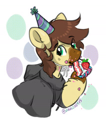 Size: 1685x1974 | Tagged: safe, artist:opalacorn, derpibooru import, oc, oc only, oc:caspasin42, earth pony, pony, abstract background, birthday, birthday cake, bust, cake, calpain, clothes, eating, eyebrows, eyebrows visible through hair, food, hat, herbivore, hoodie, hoof hold, looking at you, male, party hat, solo, stallion