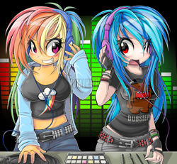 Size: 1570x1450 | Tagged: safe, artist:totalhate, derpibooru import, dj pon-3, rainbow dash, vinyl scratch, human, g4, abstract background, belt, blue hair, bracelet, breasts, clothes, cutie mark on clothes, domo, dubstep, duo, duo female, female, fingerless gloves, gloves, grin, headphones, humanized, jacket, jewelry, listening, listening to music, long hair, looking at each other, looking at someone, multicolored hair, music, open mouth, open smile, pants, purple eyes, rainboob dash, rainbow hair, red eyes, sharing, sharing headphones, shirt, smiling, t-shirt, teeth