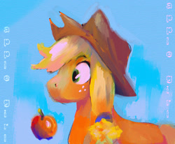 Size: 1236x1017 | Tagged: safe, artist:punkittdev, derpibooru import, applejack, earth pony, pony, g4, apple, bust, female, food, mare, painterly, profile, solo, text