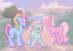 Size: 2048x1430 | Tagged: safe, artist:starryducks, derpibooru import, minty, pinkie pie (g3), rainbow dash (g3), butterfly, earth pony, pony, g3, butterfly on nose, eyes closed, female, grin, insect on nose, mare, no pupils, outdoors, signature, smiling, trio, trio female