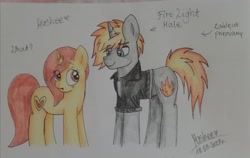 Size: 2974x1874 | Tagged: safe, artist:mashee, derpibooru import, oc, oc:fire light, oc:mashee, unicorn, g4, blue eyes, blushing, boyfriend and girlfriend, brown eyes, brown mane, clothes, duo, duo male and female, female, girlfriend, height difference, horn, jacket, leather, leather jacket, looking at each other, looking at someone, male, mane of fire, pencil drawing, photo, rule 63, shocked, shocked expression, simple background, spell, tail, tail of fire, traditional art, transformation, white background