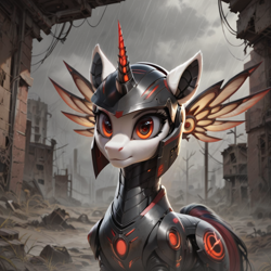 Size: 1024x1024 | Tagged: safe, ai content, derpibooru import, generator:pony diffusion v6 xl, generator:stable diffusion, machine learning generated, pony, alicorn armor, armor, outdoors, prompter:teonanakatle, solo, wasteland