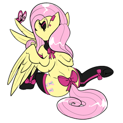 Size: 1000x1000 | Tagged: safe, artist:twoshoesmcgee, derpibooru import, fluttershy, butterfly, pegasus, g4, bow, clothes, collar, female, goth, lipstick, makeup, piercing, simple background, socks, solo, transparent background