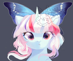 Size: 2880x2420 | Tagged: safe, artist:larix-u, derpibooru import, oc, oc only, pony, unicorn, bust, female, gray background, horn, mare, simple background, solo, watermark