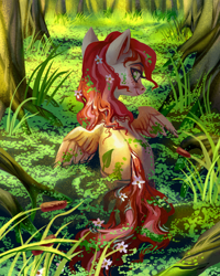 Size: 1102x1378 | Tagged: safe, artist:holivi, derpibooru import, oc, oc only, pegasus, pony, g4, cattails, female, flower, flower in hair, forest, freckles, jungle, looking at you, looking back, looking back at you, mare, nature, outdoors, partially submerged, pond, rear view, reeds, signature, smiling, solo, spread wings, swamp, tree, water, wings