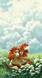 Size: 1779x3307 | Tagged: safe, artist:holivi, derpibooru import, oc, oc only, pony, unicorn, book, commission, duo, field, horn, male, multiple heads, outdoors, reading, stallion, unshorn fetlocks