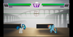 Size: 1169x598 | Tagged: safe, artist:alethila, derpibooru import, dj pon-3, rainbow dash, vinyl scratch, fighting is magic, g4, reflections, bridge, fog, game, game screencap, gameplay, hud, shadow, unreal engine