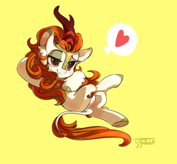 Size: 2700x2500 | Tagged: safe, artist:drtuo4, derpibooru import, autumn blaze, kirin, pony, g4, female, heart, hoof on chest, hooves behind head, mare, signature, simple background, smiling, solo, speech bubble, spoken heart, yellow background