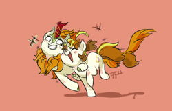 Size: 1400x900 | Tagged: safe, artist:drtuo4, derpibooru import, autumn blaze, oc, oc:dr tuo, kirin, pony, unicorn, g4, :d, blushing, emanata, eyes closed, female, grin, hoof around neck, horn, mare, open mouth, open smile, red background, simple background, smiling