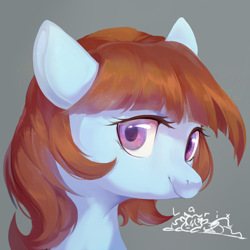 Size: 2000x2000 | Tagged: safe, artist:larix-u, derpibooru import, oc, oc only, pony, bust, female, gray background, mare, simple background, solo