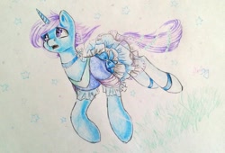 Size: 1592x1080 | Tagged: safe, artist:amishy, derpibooru import, diamond mint, pony, unicorn, g4, clothes, dress, female, horn, mare, solo, traditional art