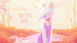 Size: 2447x1383 | Tagged: source needed, safe, artist:utauyan, derpibooru import, oc, oc only, pony, bandaid, bandaid on nose, clothes, female, horns, long sleeved shirt, long sleeves, mare, outdoors, shirt, solo, unusual pupils