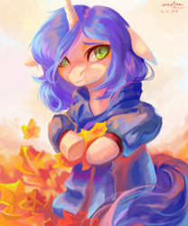 Size: 2248x2706 | Tagged: safe, artist:utauyan, derpibooru import, oc, oc only, pony, unicorn, autumn leaves, clothes, female, horn, leaves, mare, outdoors, scarf, solo