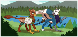 Size: 3158x1500 | Tagged: safe, artist:inuhoshi-to-darkpen, derpibooru import, oc, oc:ari, oc:pavlos, griffon, bags, bandage, beak, broken bone, broken wing, cast, cheek fluff, claws, clothes, colored wings, commission, eared griffon, friends, griffon oc, hiking, injured, lake, male, male oc, mountain, non-pony oc, nonbinary, outdoors, passepartout, sling, tail, water, wings