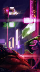 Size: 768x1361 | Tagged: safe, artist:tangomangoes, derpibooru import, oc, oc only, pegasus, pony, city, cyberpunk, manehattan, night, science fiction, solo, vehicle