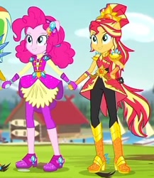 Size: 386x445 | Tagged: safe, derpibooru import, screencap, pinkie pie, sunset shimmer, human, equestria girls, g4, boots, clothes, cropped, crystal guardian, duo, duo female, female, gloves, high heel boots, holding hands, outdoors, shoes