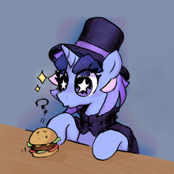 Size: 1080x1080 | Tagged: safe, artist:mirio_p2, derpibooru import, oc, oc:flawless sparklemoon, burger, digital art, food, fusion, fusion:trixie, fusion:twilight sparkle, fusion:twixie, hat, my little pony the movie: the death of twilight sparkle, stars