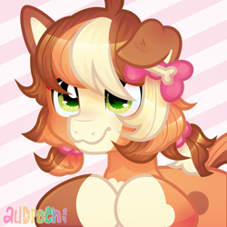 Size: 9000x9000 | Tagged: oc name needed, safe, artist:audreen, derpibooru import, oc, oc only, dog, dog pony, original species, pony, :3, ambiguous gender, art trade, blaze (coat marking), bow, coat markings, colored pinnae, ears, facial markings, floppy ears, green eyes, hair bow, hooves together, lightly watermarked, mealy mouth (coat marking), pink background, ponytail, shiny hair, simple background, socks (coat marking), solo, striped background, watermark